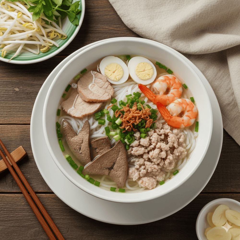 Hủ tiếu có nước dùng ngọt dịu, ăn cùng rau sống thanh mát